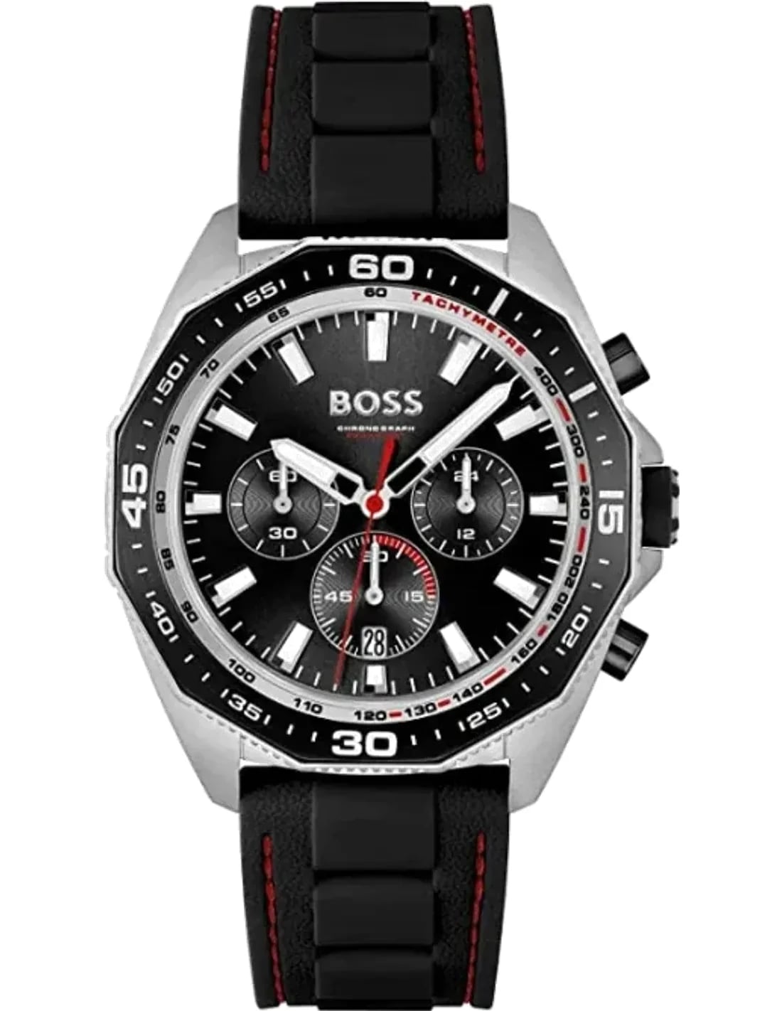 Montre Hugo Boss 1513969 avec cadran noir soleil et index argentés, style sobre