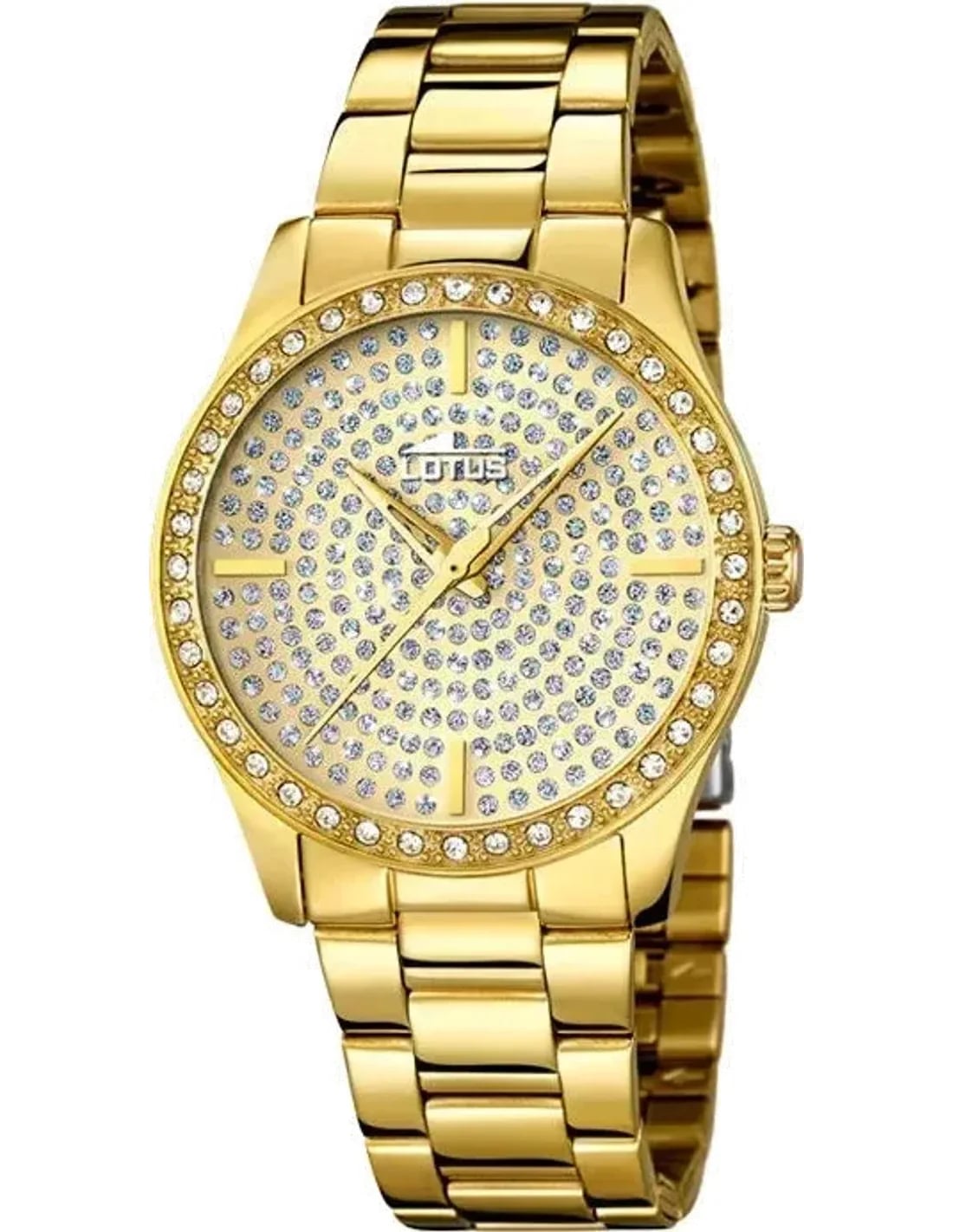 Montre Lotus L18135/1 cadran doré soleil avec cristaux scintillants, aiguilles bâtons, index appliqués