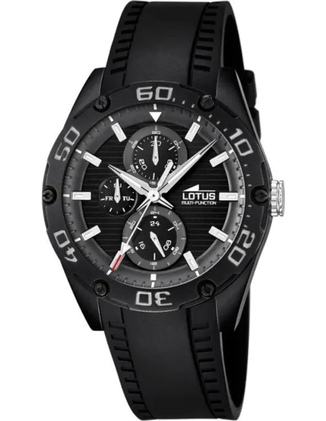 Montre Lotus L18183/4 cadran noir soleil, aiguilles argentées et index bâtons, style épuré et robuste