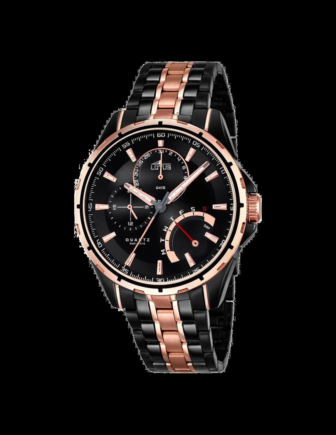 Montre Lotus L18207/1 avec cadran noir soleillé, index bâtons et aiguilles dorés, style smart casual bicolore