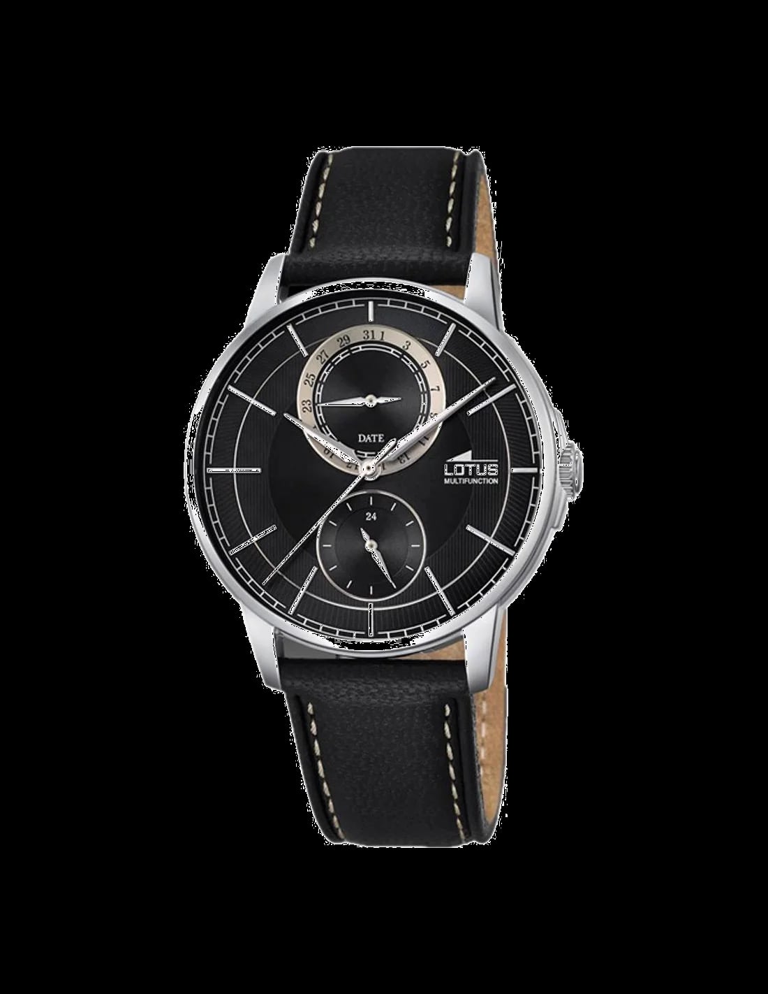 Montre Lotus L18323/3 cadran noir soleil avec index bâton argentés et aiguilles luminescentes pour lisibilité optimale