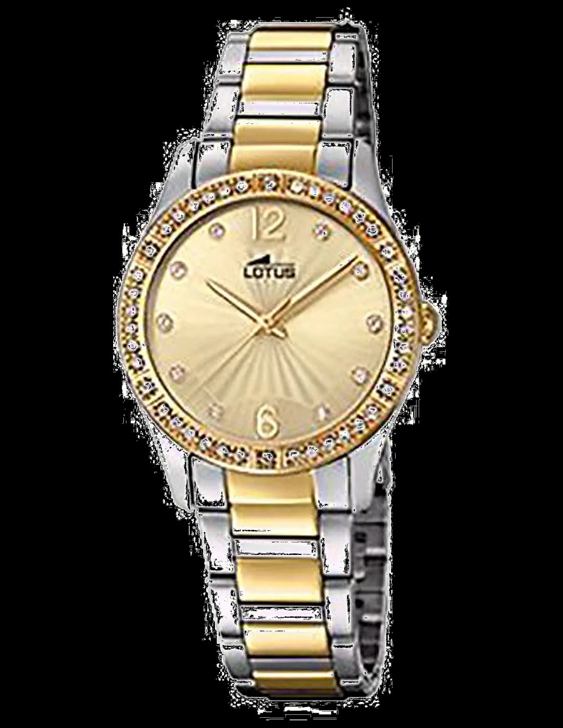 Montre Lotus L18384/1 cadran doré soleil, index bâtons et aiguilles facettées, style classique chic