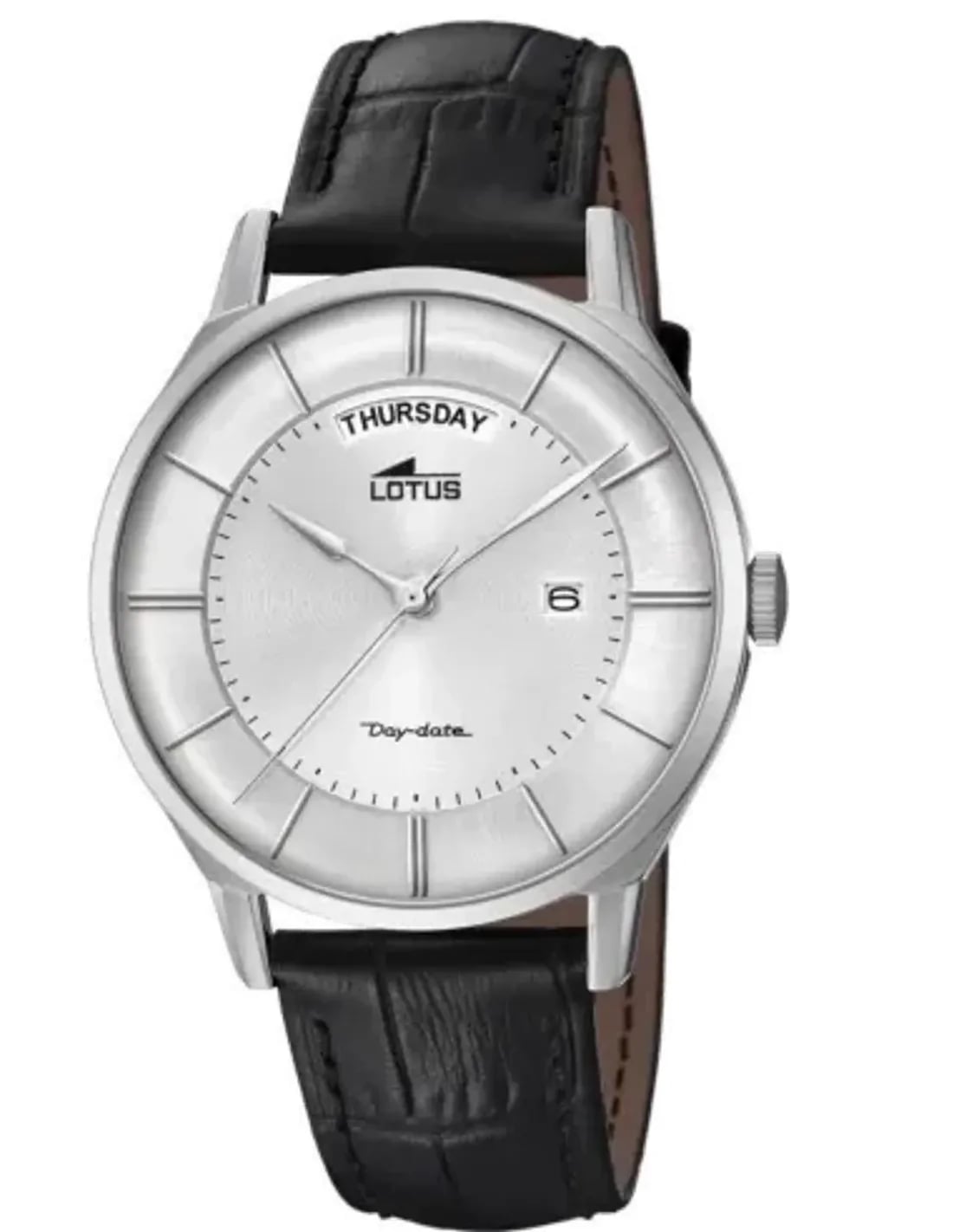 Montre Lotus L18420/1 avec cadran noir et index bâtons argentés, style classique décontracté