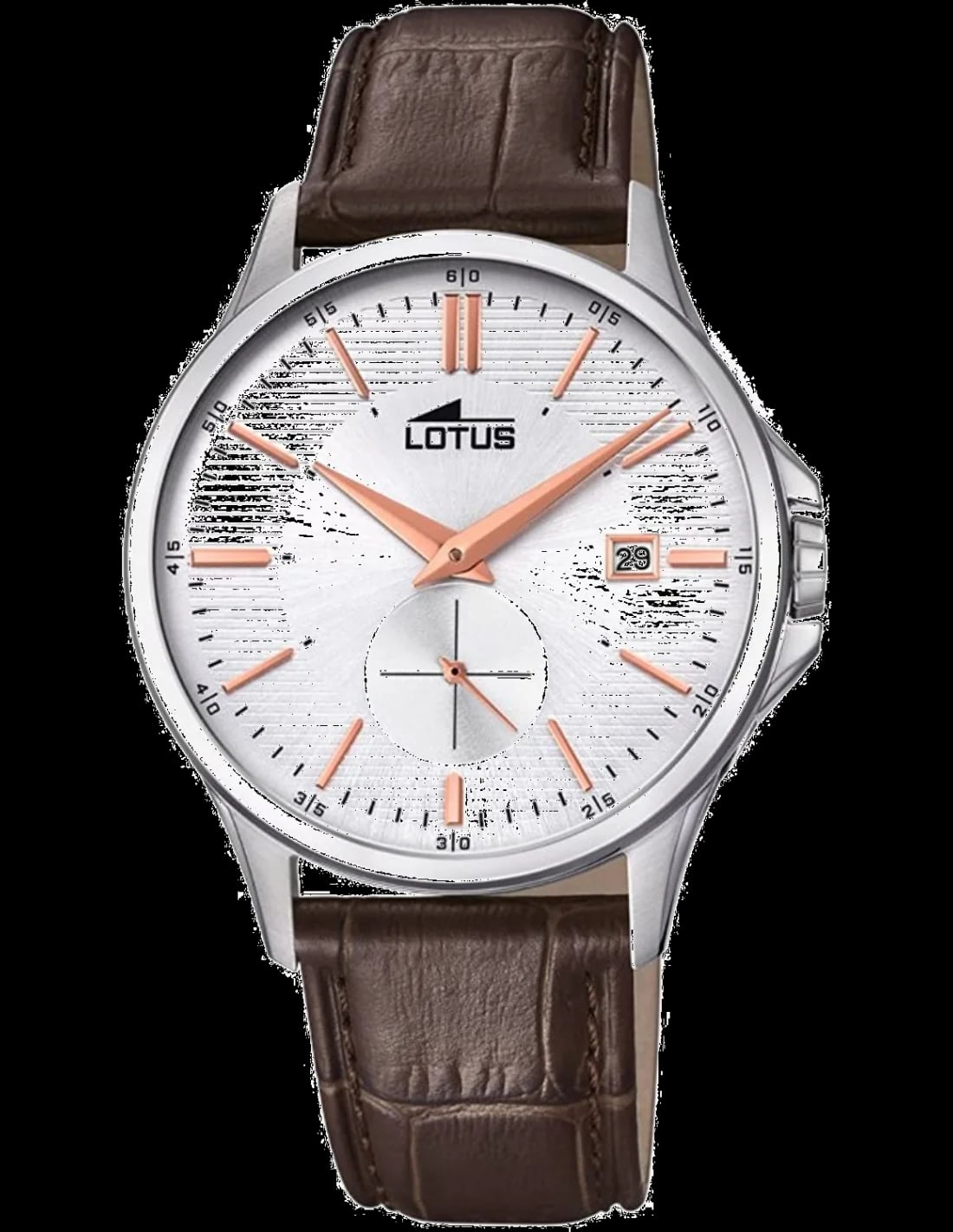 Montre Lotus L18424/2 cadran noir soleil, index bâton argentés, aiguilles luminescentes, date à 3h, style classique sport