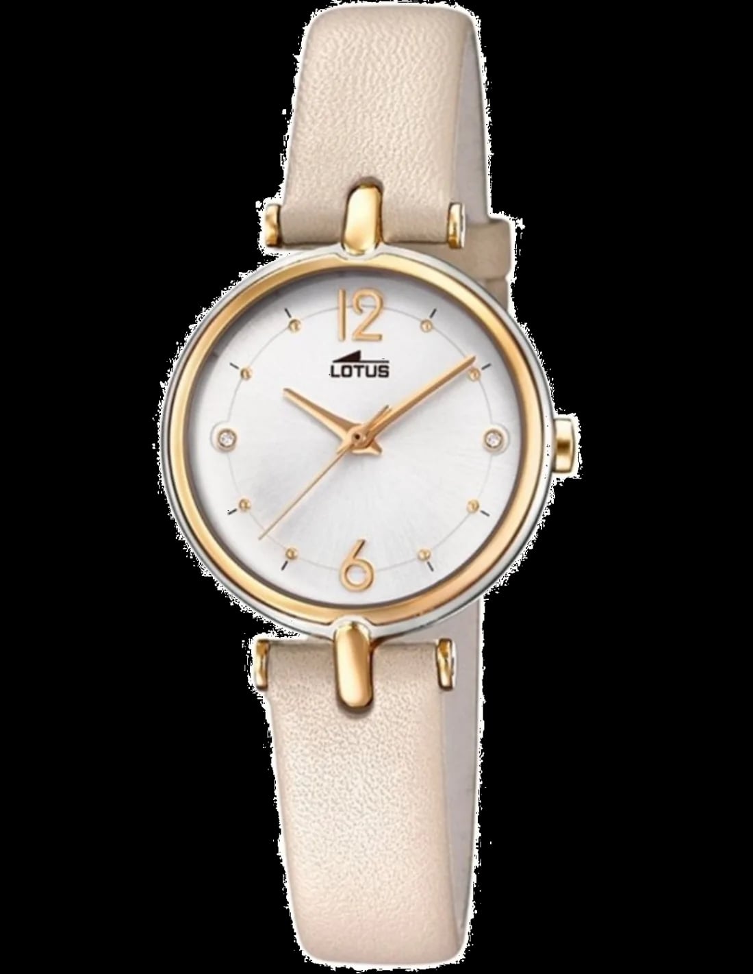 Montre Lotus L18459/1 cadran blanc nacré aux index dorés et aiguilles bâton, style classique chic