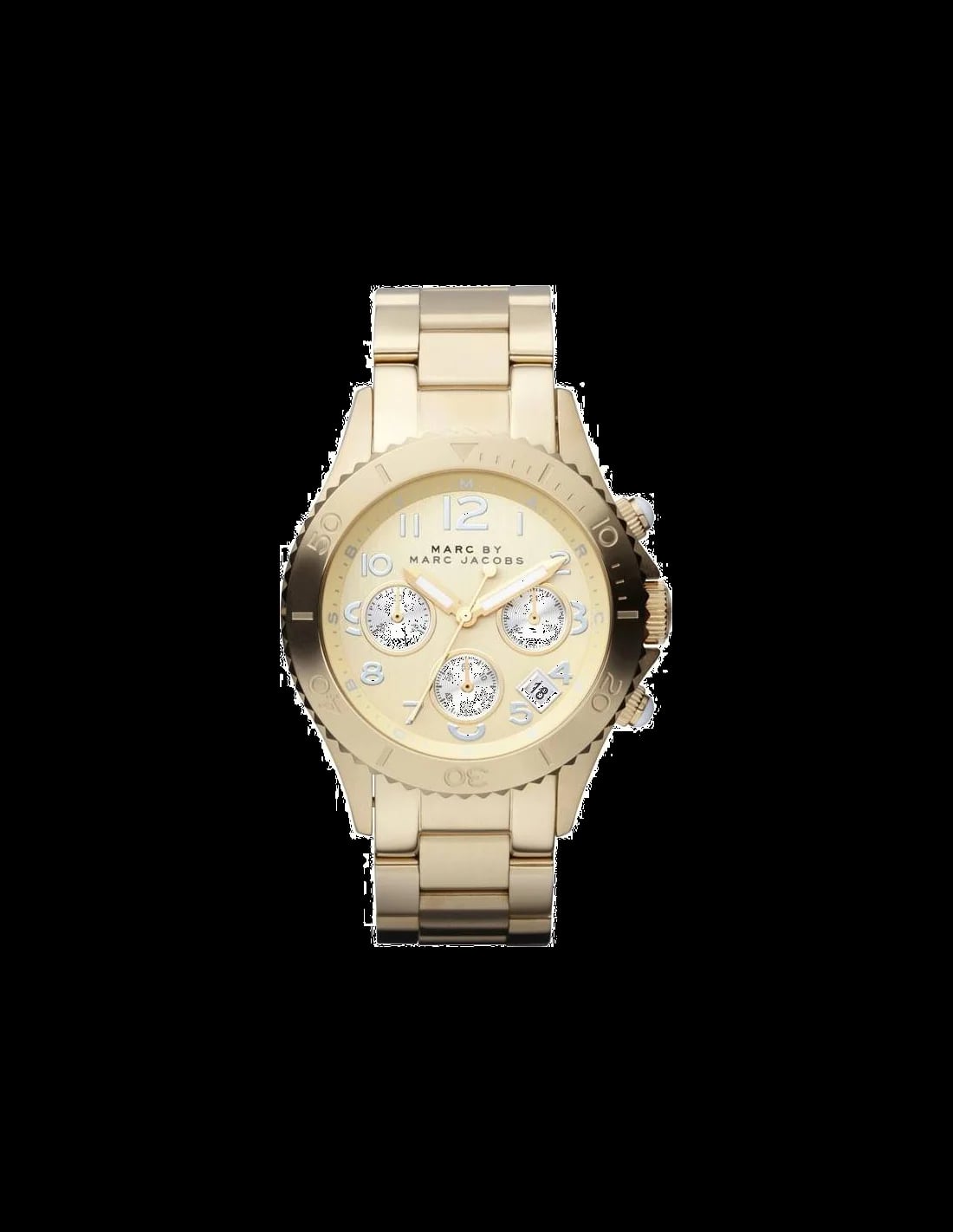 Montre Marc Jacobs MBM3188 avec cadran noir et index dorés, style rock chic