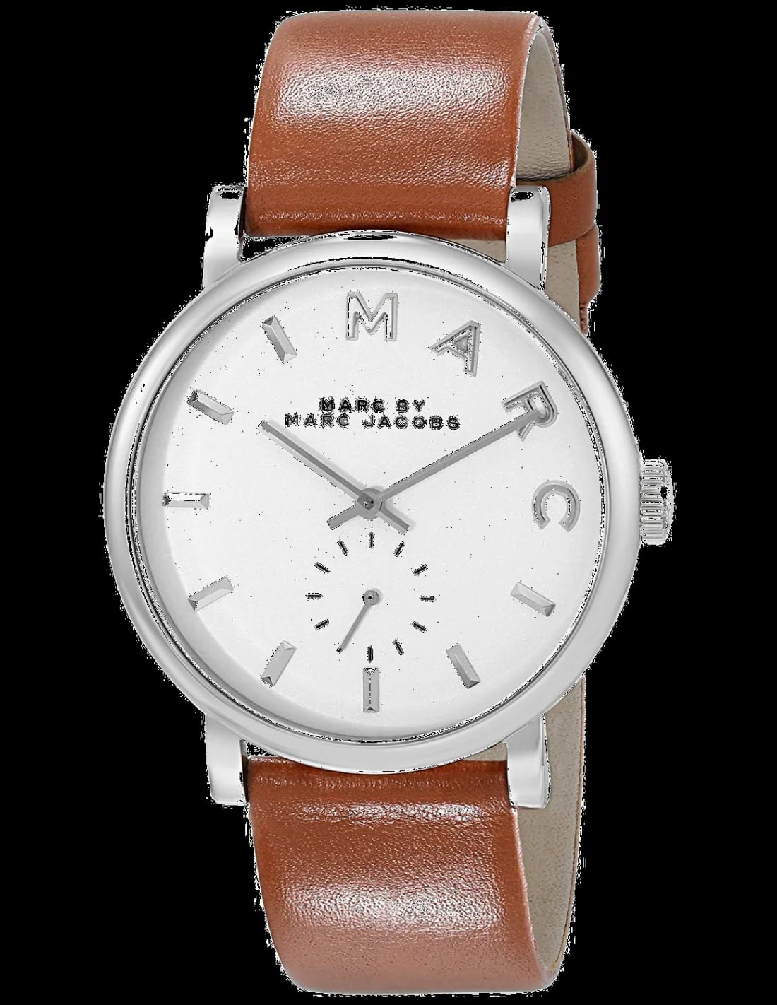 Montre Marc Jacobs MBM1265 au cadran blanc et aiguilles noires, style chic décontracté sur fond marron