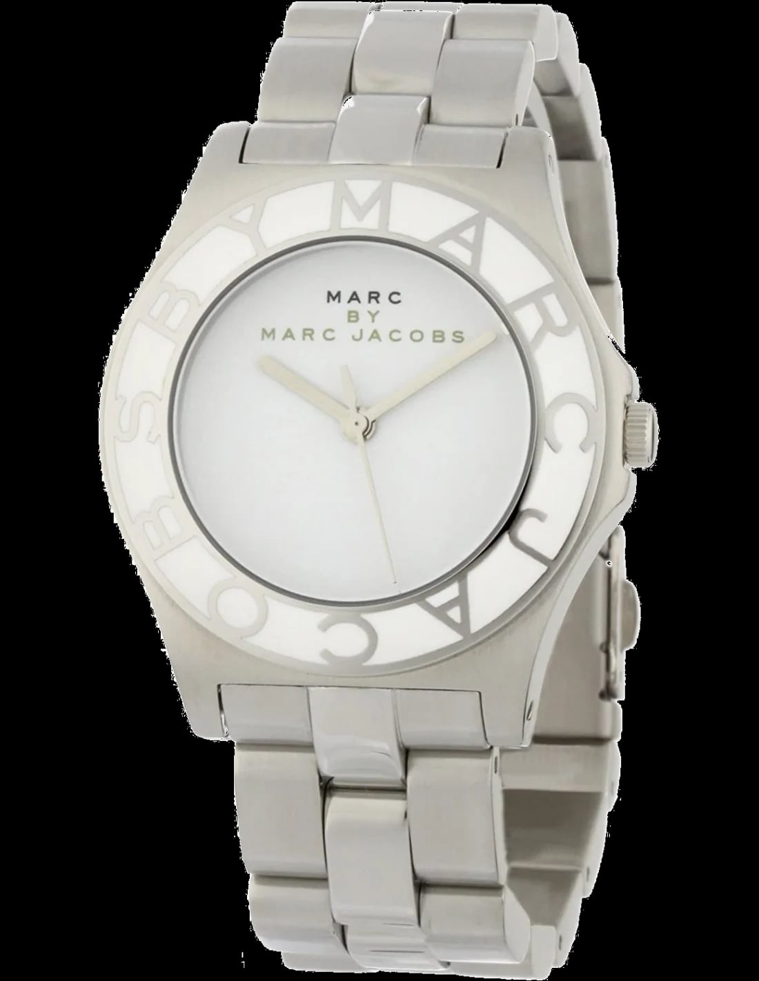 Montre Marc Jacobs MBM3048 au cadran blanc et aiguilles argentées, style minimaliste chic