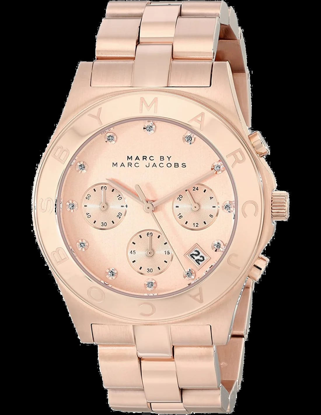 Montre Marc Jacobs MBM3102 au cadran blanc, aiguilles dorées et index bâtons, style chic décontracté