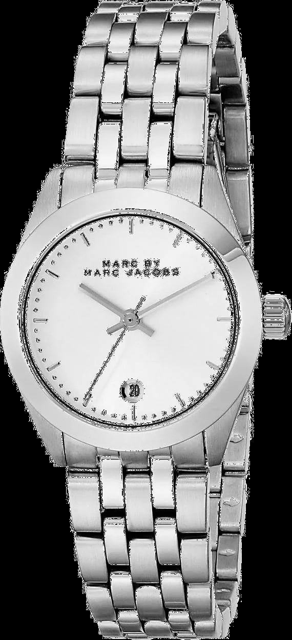 Montre Marc Jacobs MBM3373 cadran argenté soleillé, index bâton, aiguilles dauphine, style chic minimaliste