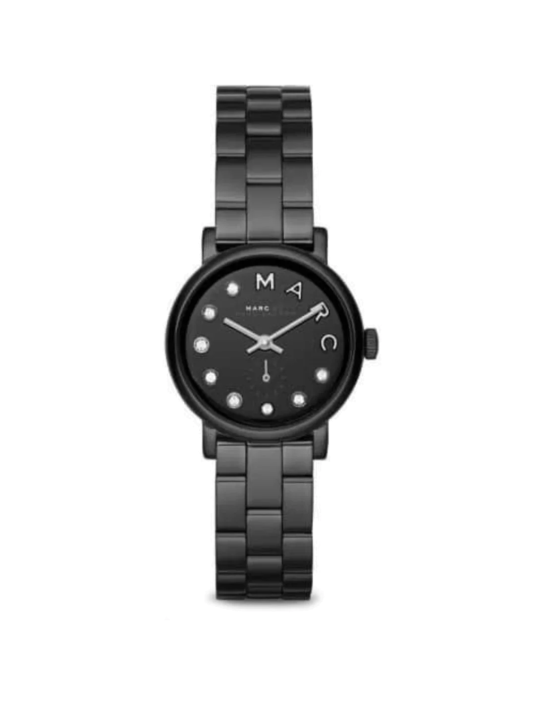 Montre Marc Jacobs MBM8673 cadran noir mat minimaliste, aiguilles argentées et index bâtons pour un style chic et épuré