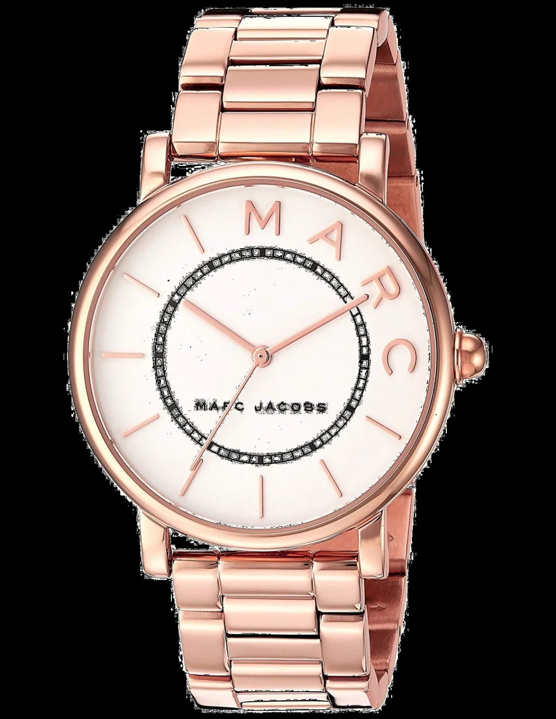 Montre Marc Jacobs MJ3523 au cadran blanc nacré et index dorés, style chic décontracté
