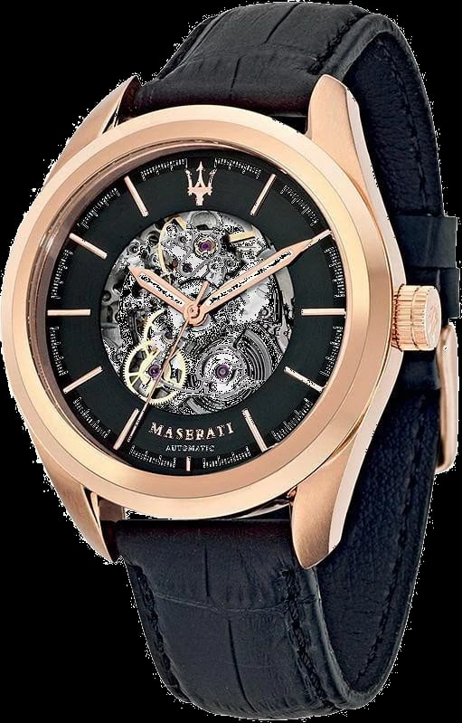 Montre Maserati R8821112001 cadran squelette noir avec index bâtons argentés, style sport chic