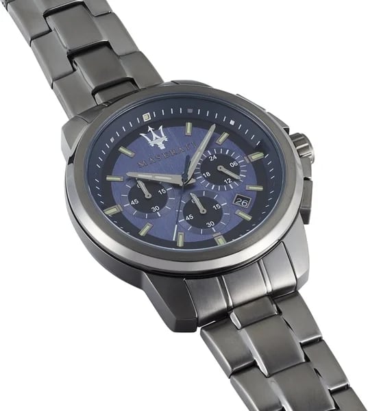 Montre Maserati Successo cadran bleu analogique index aiguilles quartz détail