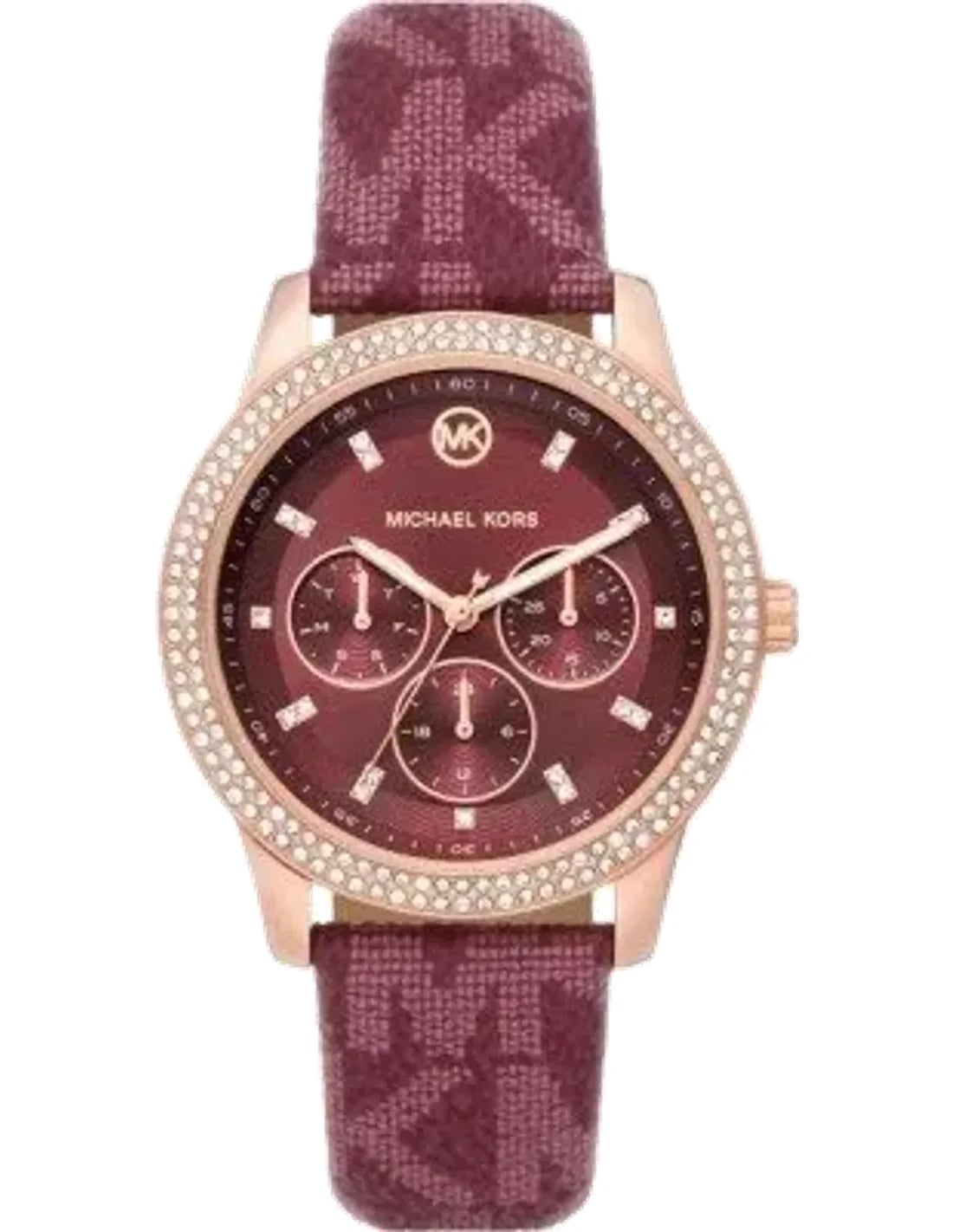 Montre Michael Kors MK2967 au cadran bordeaux soleil, aiguilles dorées et index bâton, style sport chic