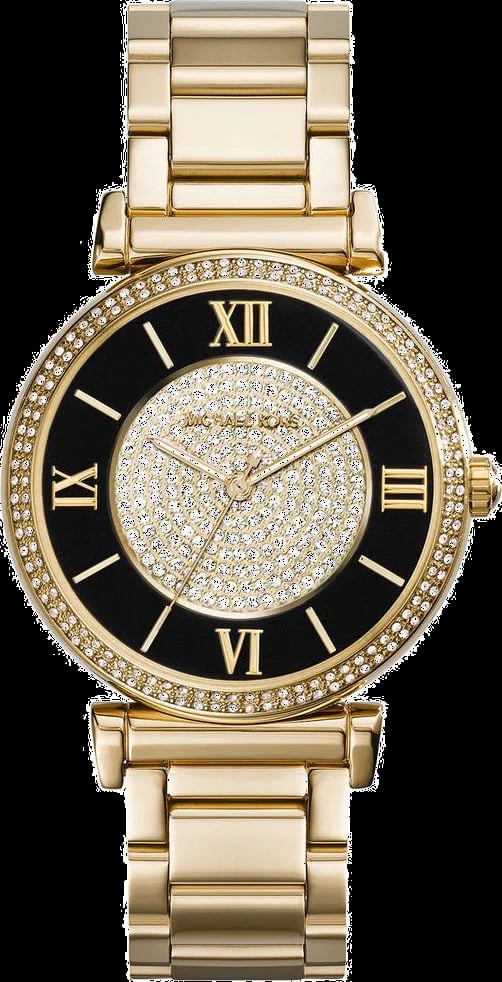 Montre Michael Kors MK3338 au cadran noir orné de strass et boîtier doré, style chic et décontracté