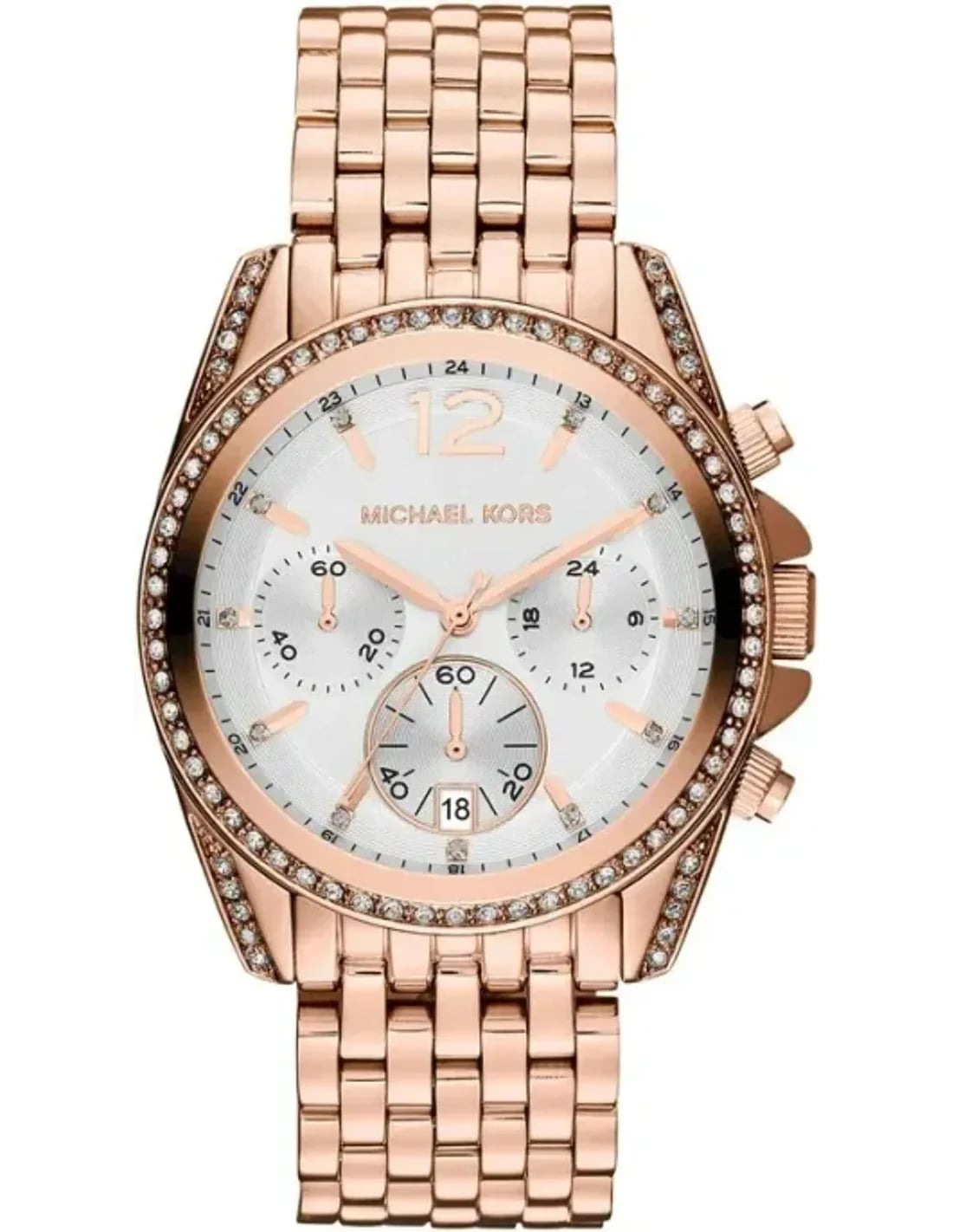Montre Michael Kors MK5836 au cadran rose gold avec index cristaux et aiguilles dorées, style chic et lumineux