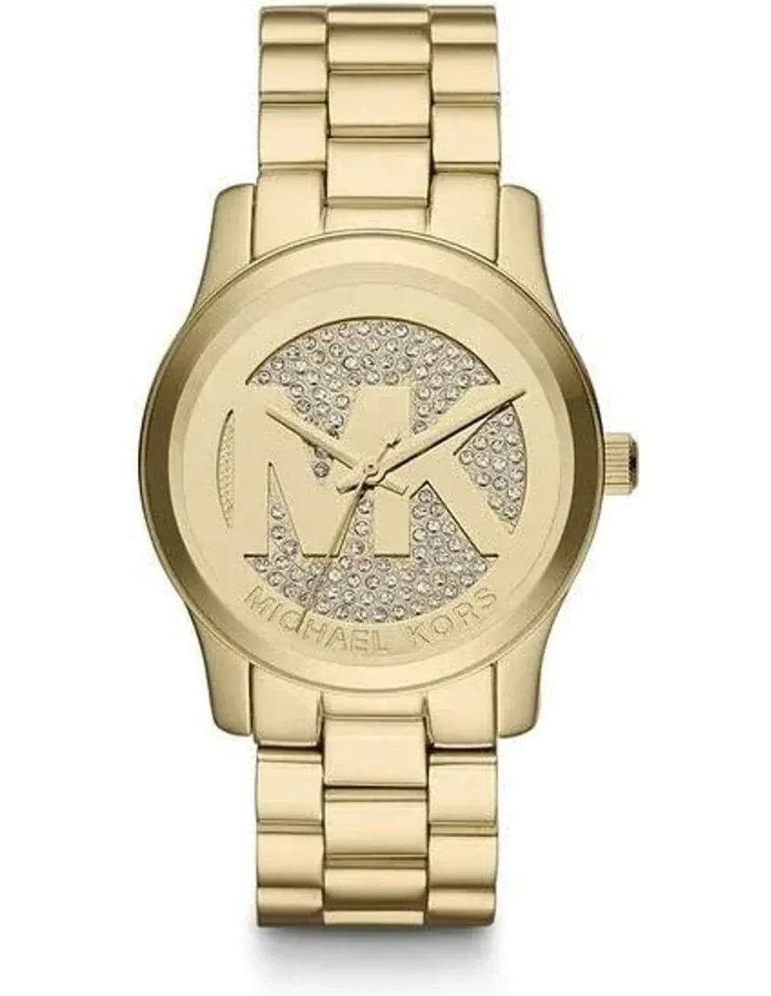 Montre Michael Kors MK5852 cadran noir soleil, aiguilles dorées, index bâtons, initiales MK gravées au centre