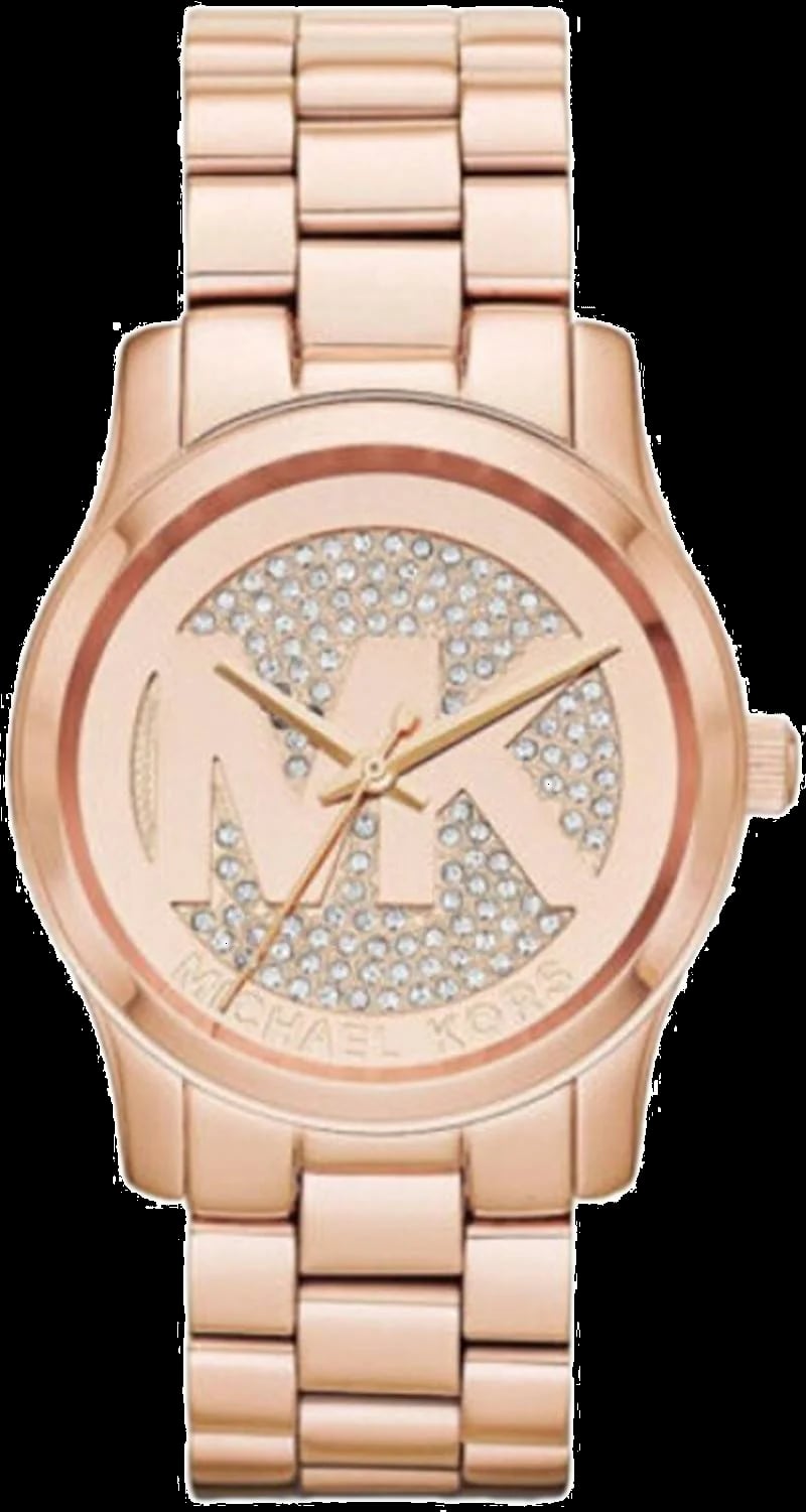 Montre Michael Kors MK5853 cadran or rose avec index bâtons et logo MK à 12h, style chic et intemporel