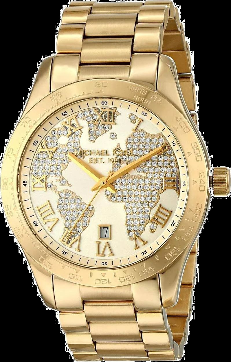 Montre Michael Kors MK5959 au cadran doré soleil et aiguilles dorées sur fond champagne