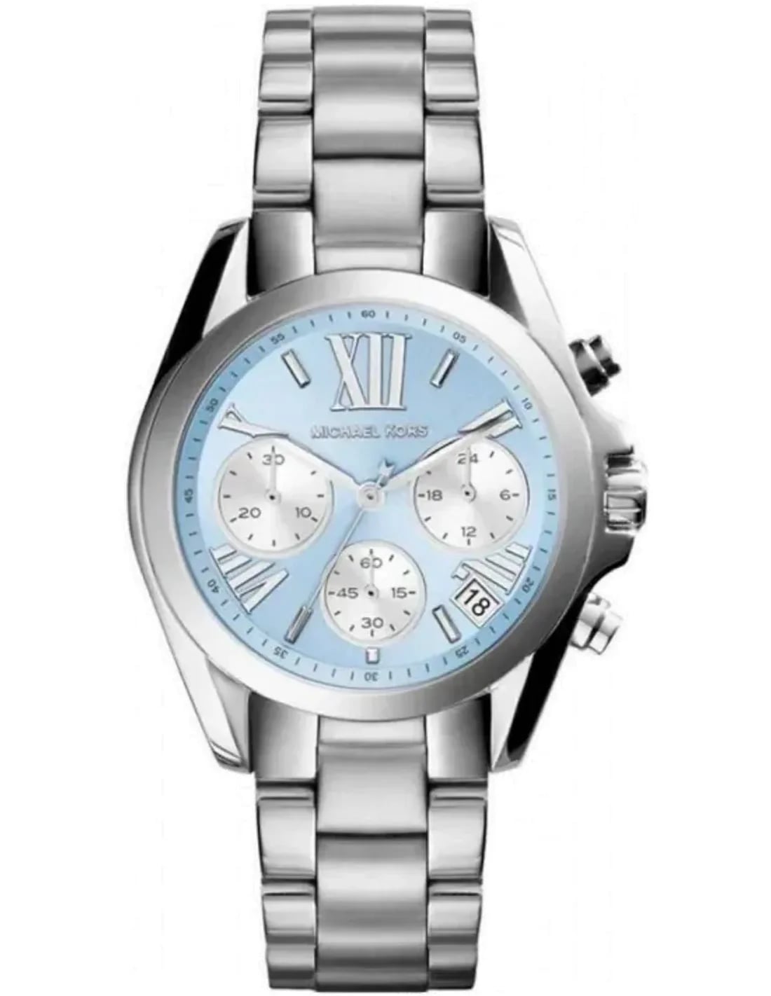Montre Michael Kors MK6098 avec cadran bleu pastel et acier brossé, style chic et moderne
