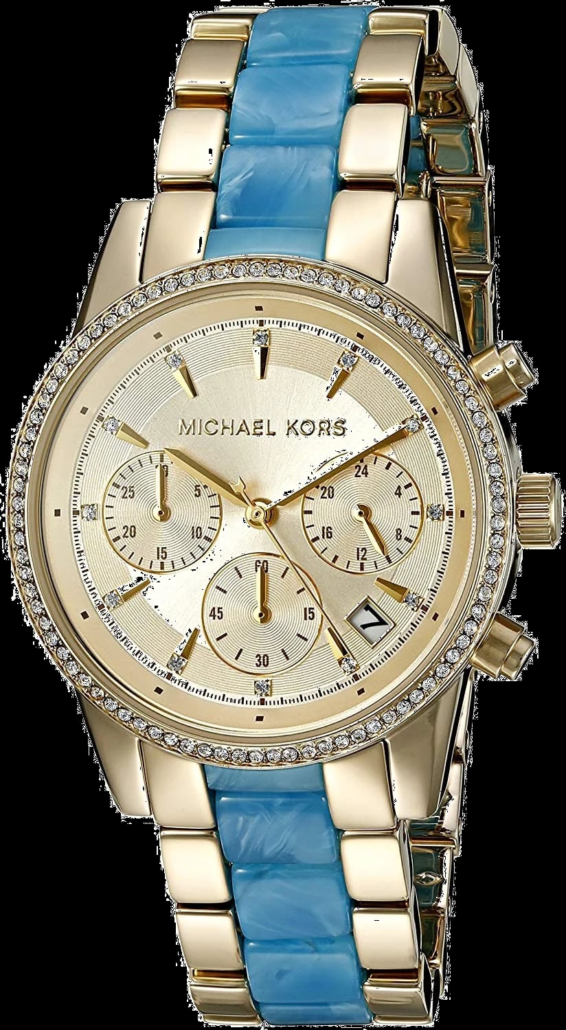 Montre Michael Kors MK6328 cadran bleu soleil avec index dorés et aiguilles bâtons, style chic et lumineux
