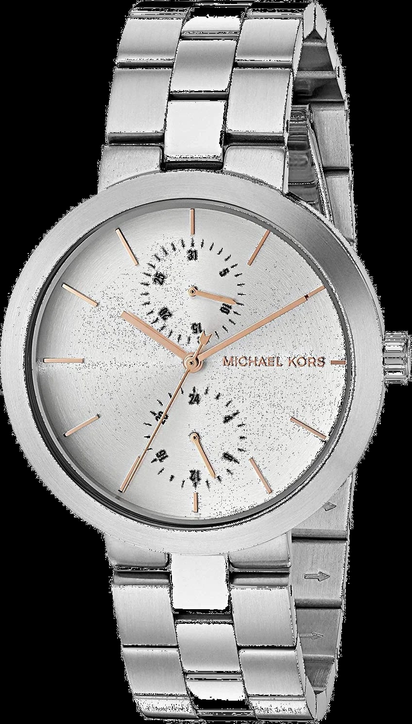Montre Michael Kors MK6407 avec cadran argenté, aiguilles dorées et cristaux sur la lunette, style chic et lumineux
