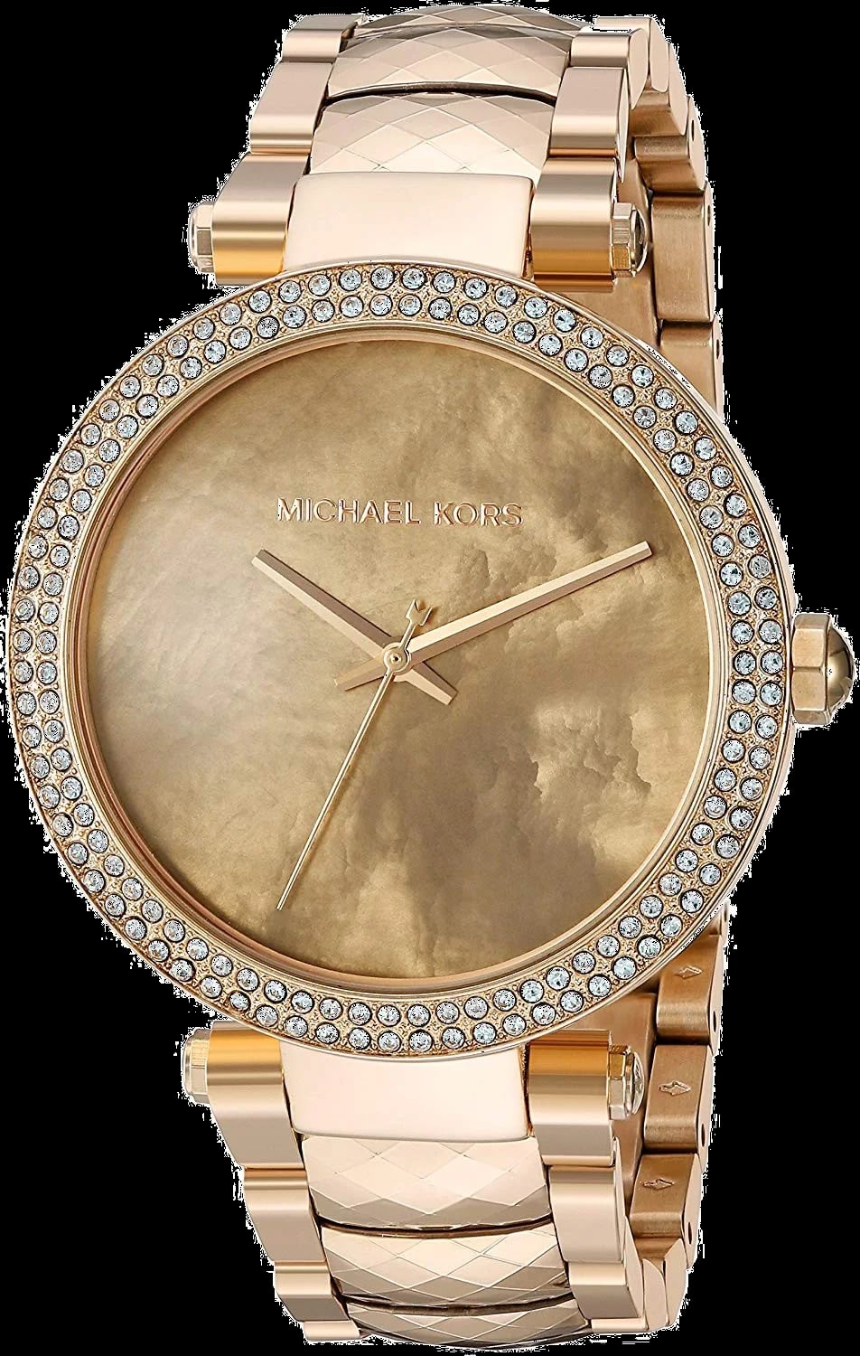 Montre Michael Kors MK6425 au cadran or et aiguilles dorées sur fond soleil, style chic décontracté