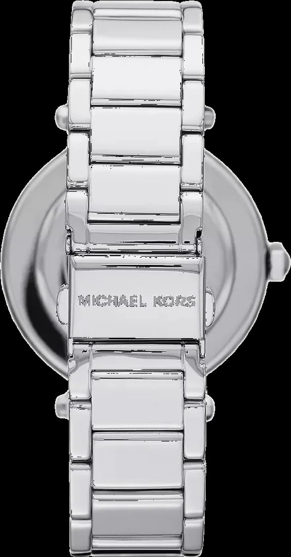Détail cadran Michael Kors MK6658 avec aiguilles dorées, index appliqués et guichet date à 3h