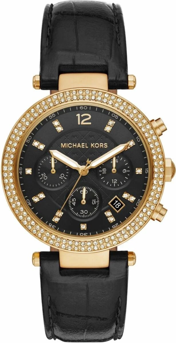 Détail cadran Michael Kors MK6984 index bâtons dorés, date à 3h, aiguilles dauphine