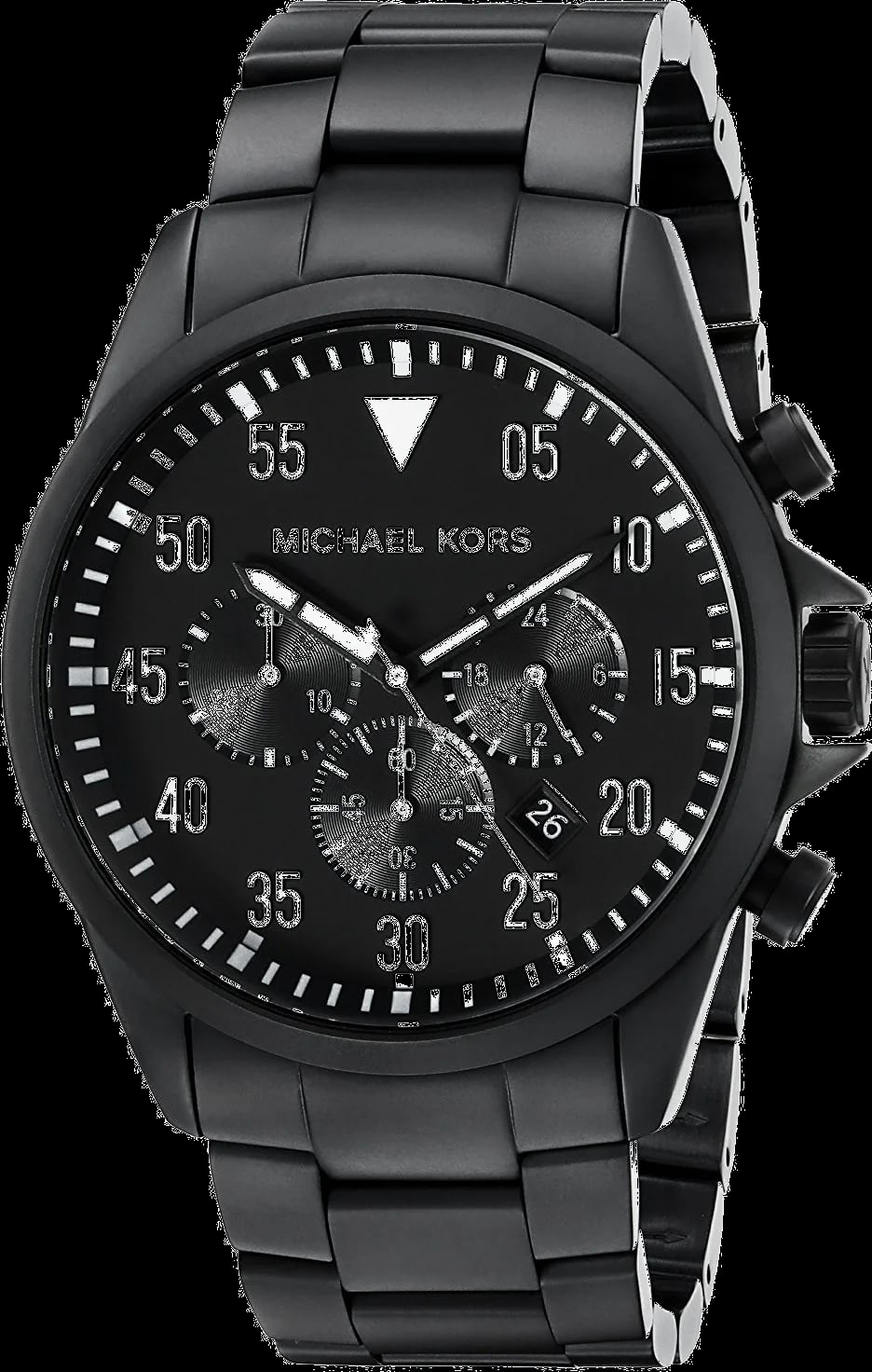 Montre Michael Kors MK8414 au cadran noir soleil, aiguilles lumineuses et index bâtons pour un style aviateur décontracté