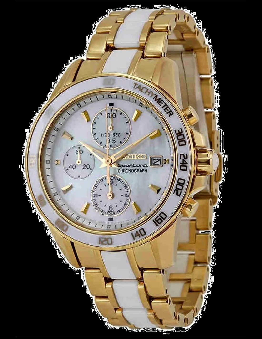 Montre Seiko SNDX02P1 cadran blanc soleillé, aiguilles dorées, index bâtons, style sport chic