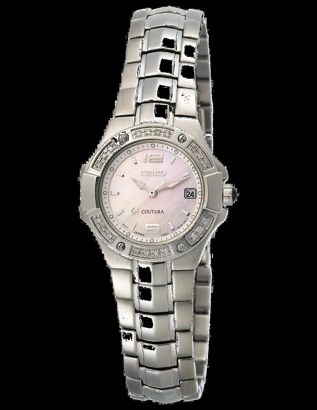 Montre Seiko SXD691P1 sur fond noir, cadran blanc nacré avec index diamants et aiguilles argentées