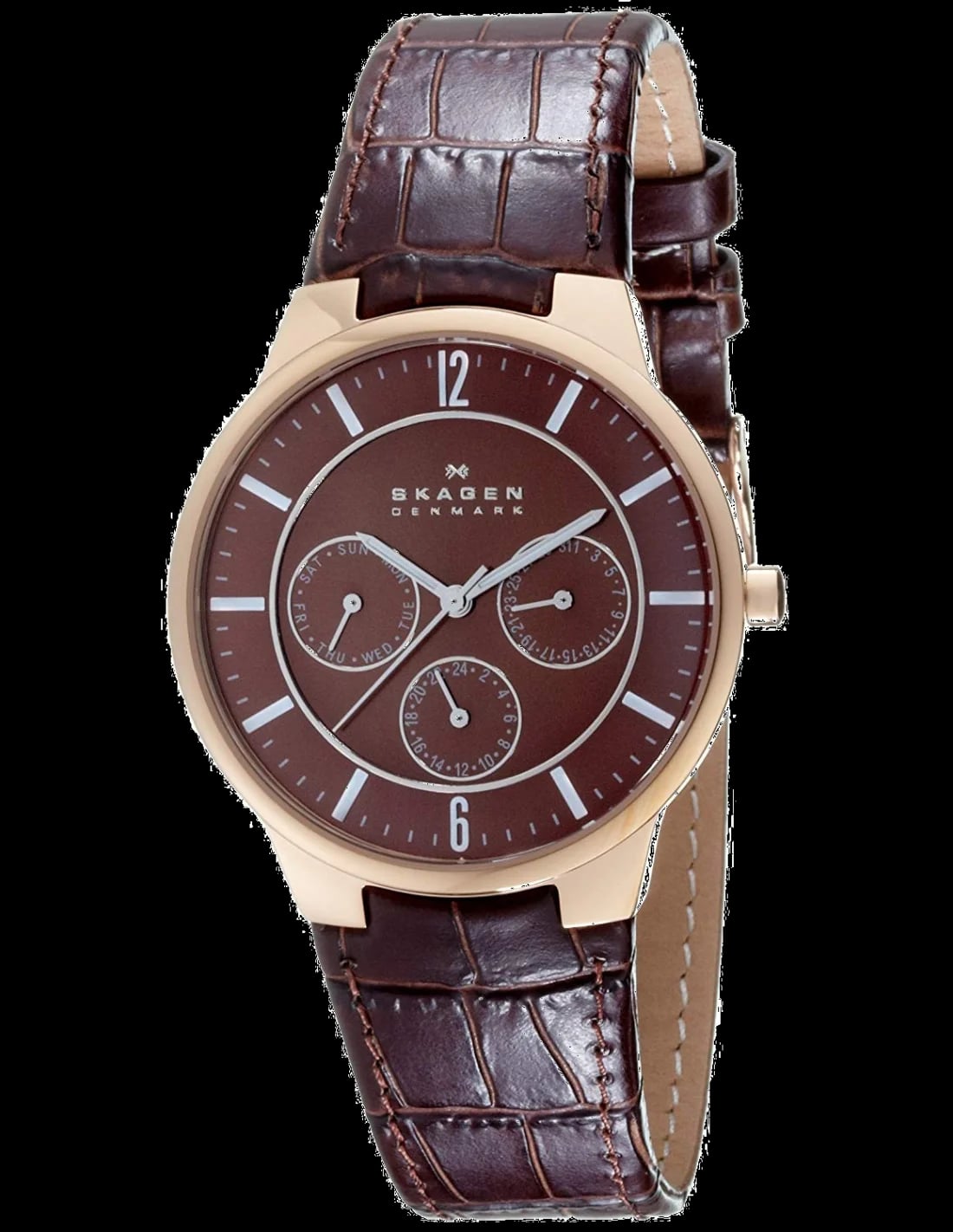 Montre Skagen 331XLRLD with rose gold case and brown leather strap on a clean dial