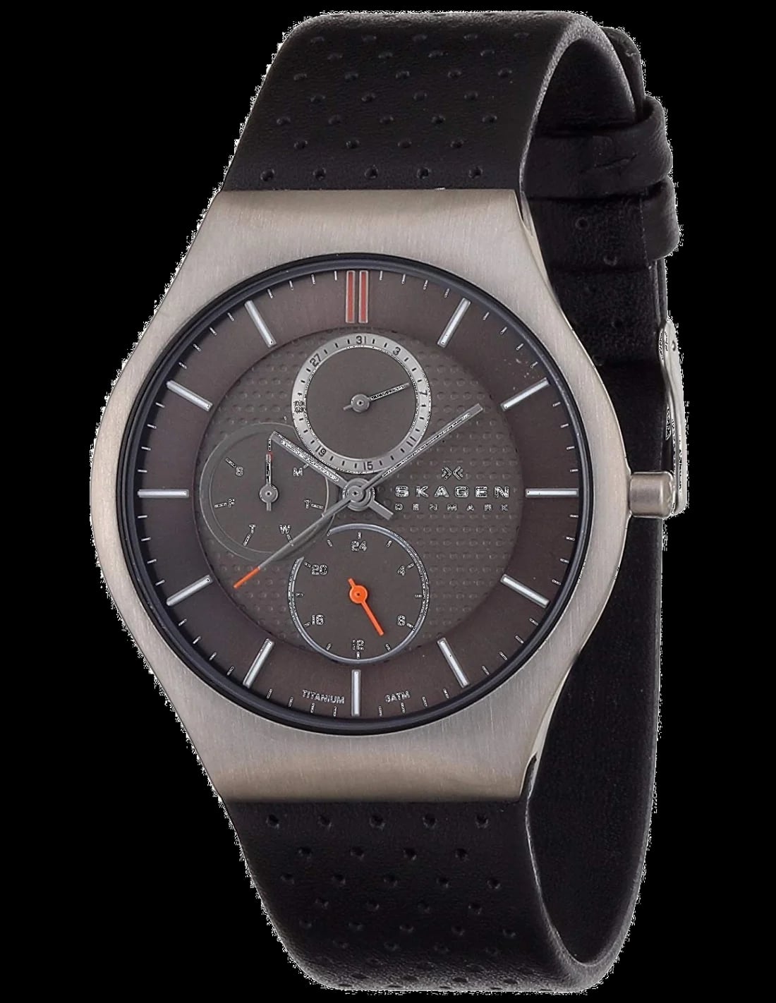 Montre Skagen 806XLTLM avec cadran noir soleil, trois compteurs chronographe, aiguilles et index argentés, style minimaliste danois