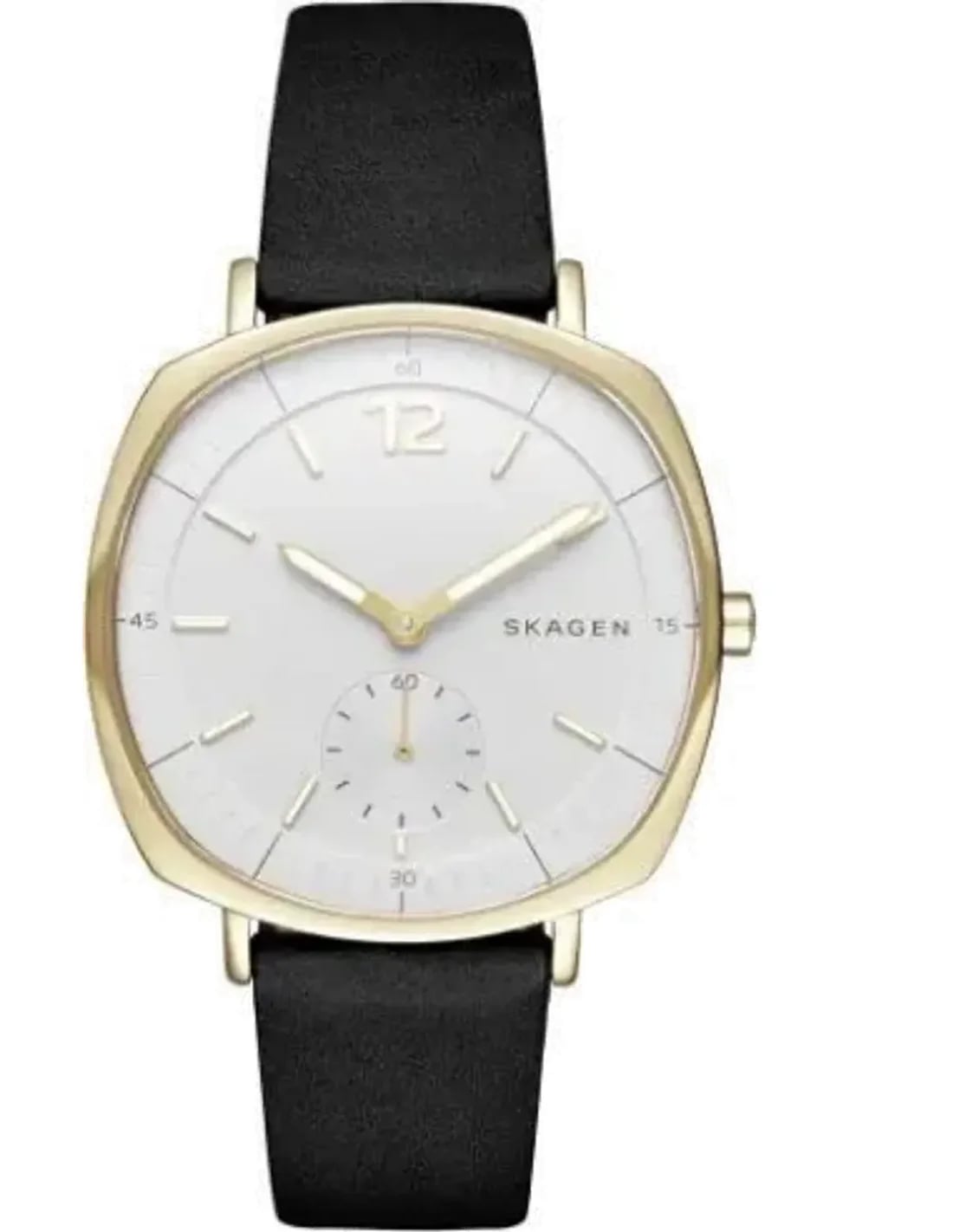 Montre Skagen SKW2404 au cadran coussin or rose fin et aiguilles épurées sur fond noir mat