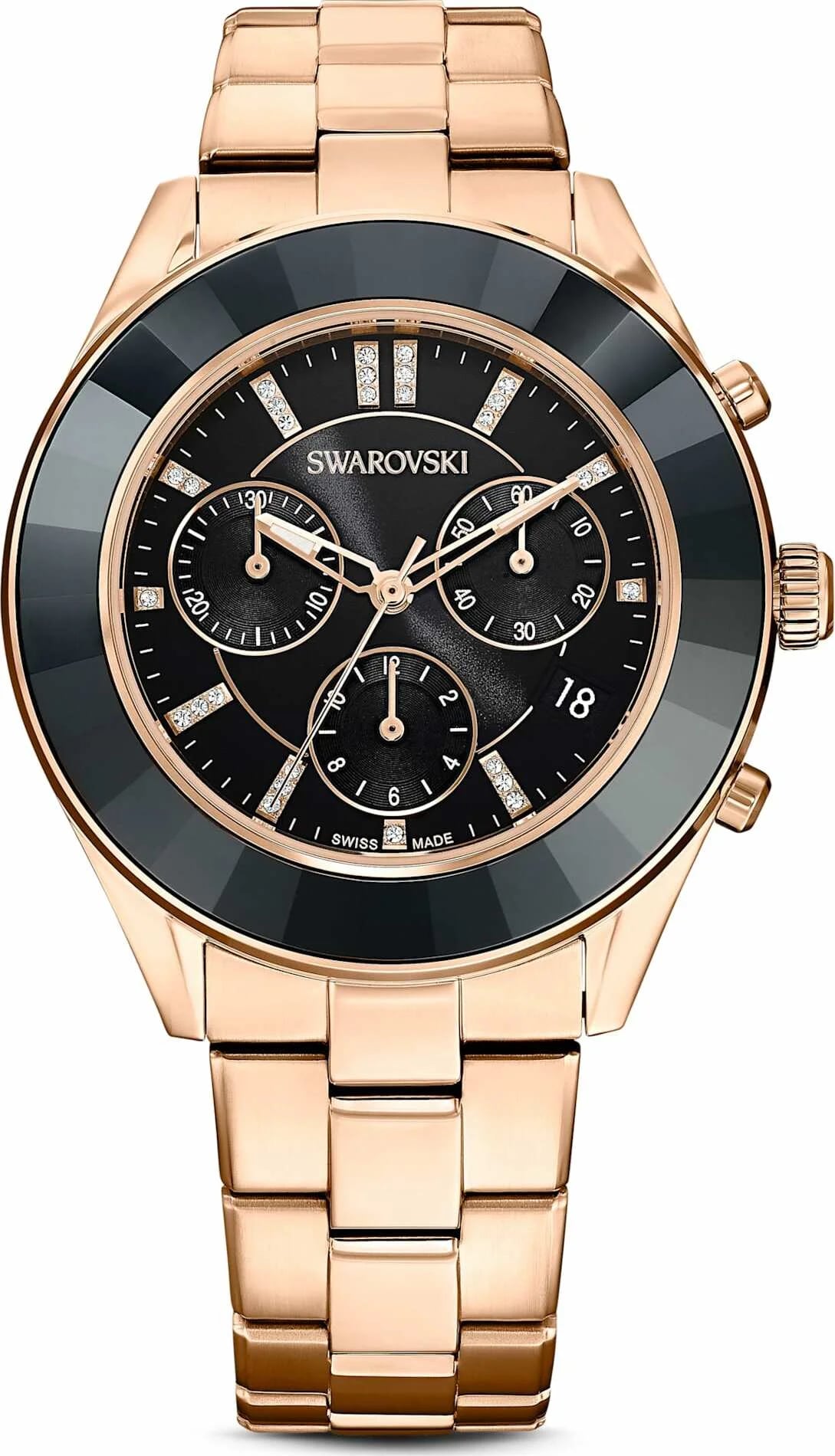 Montre Swarovski 5610478 cadran blanc nacré, index dorés, aiguilles bâtons, couronne et poussoirs en métal doré