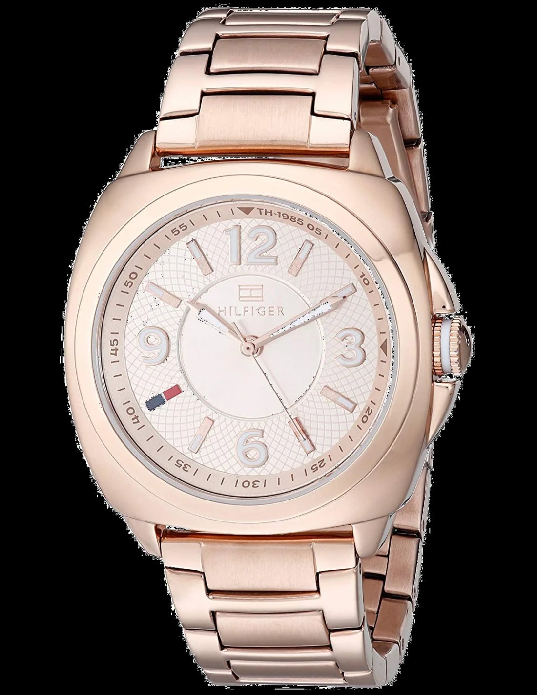 Montre Tommy Hilfiger 1781341 au cadran blanc nacré avec index bâtons et aiguilles or rose, style chic et minimaliste