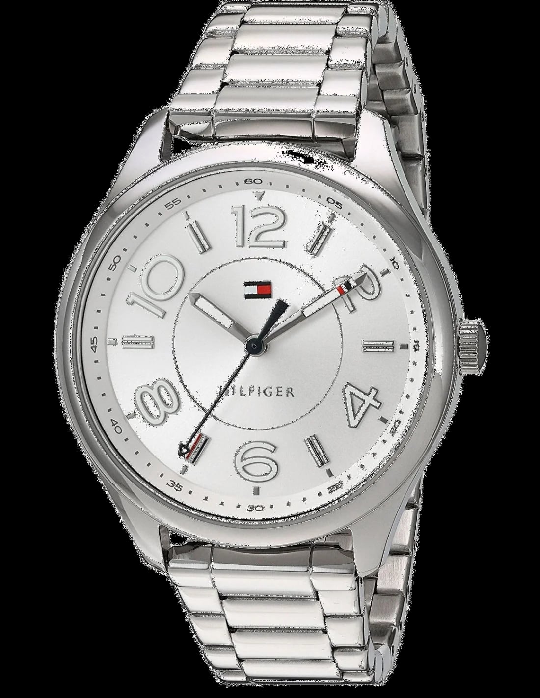 Montre Tommy Hilfiger 1781672 affichant un cadran argenté avec index bâtons et aiguilles dorés, design élégant et minimaliste