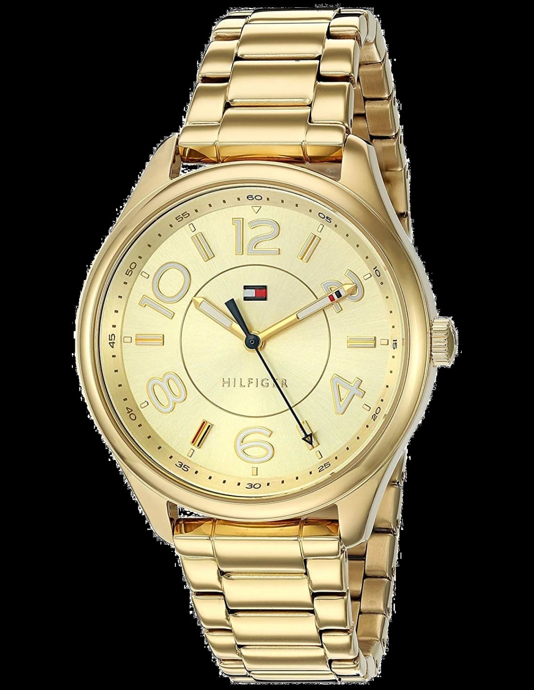 Montre Tommy Hilfiger 1781673 cadran blanc avec index dorés, aiguilles dorées, couronne et poussoirs ton sur ton