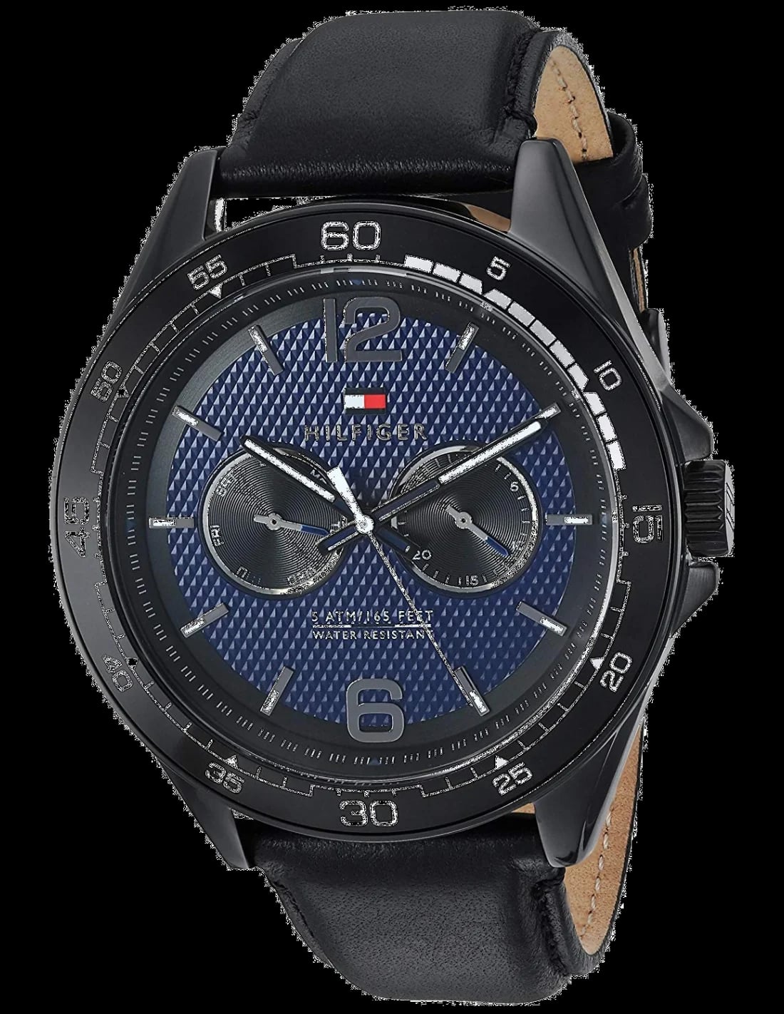 Montre Tommy Hilfiger 1791368 cadran noir soleil, aiguilles argentées et index bâton, style sport chic