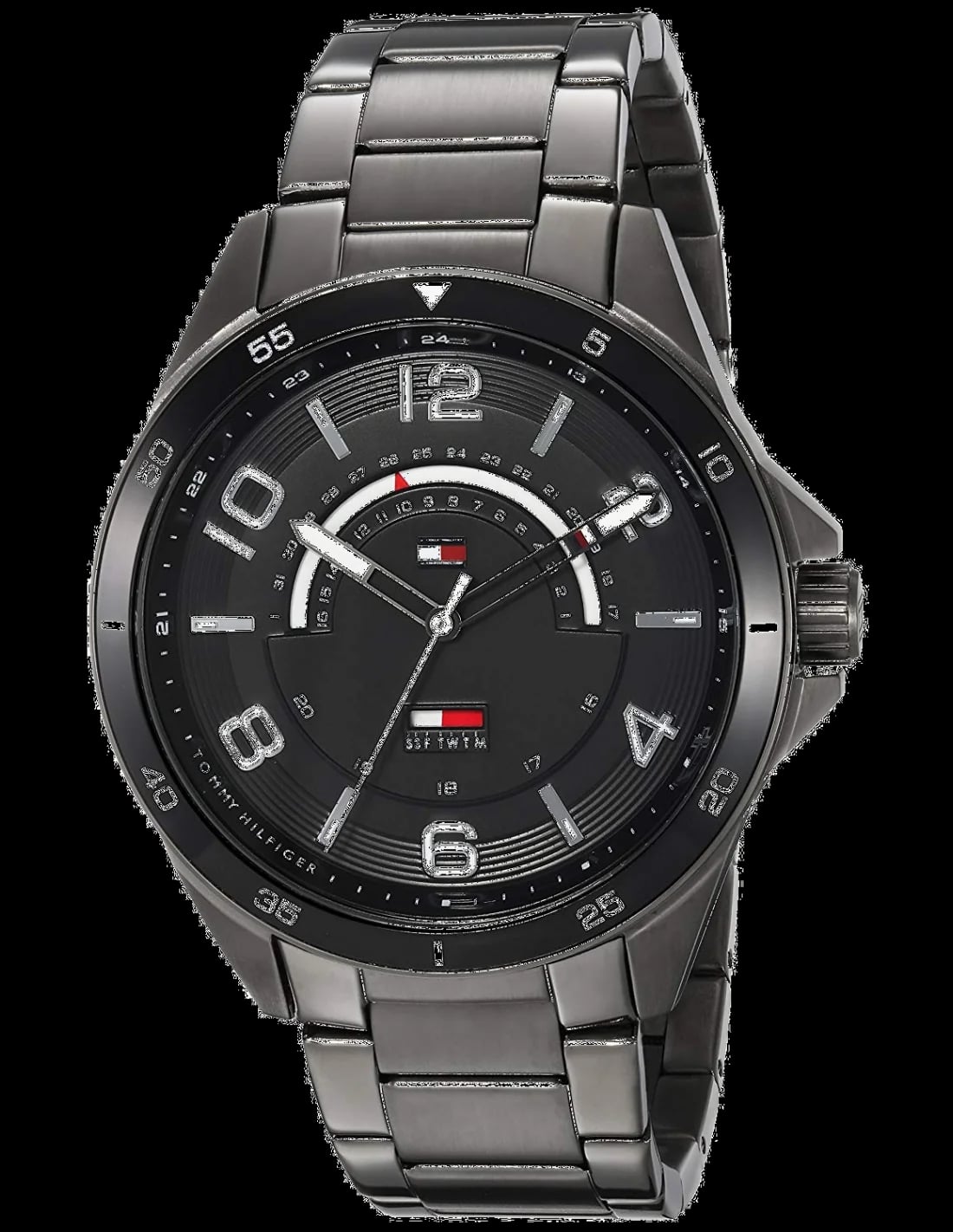 Montre Tommy Hilfiger 1791393 avec cadran noir luminescent et aiguilles blanches sur fond texturé, style sport chic