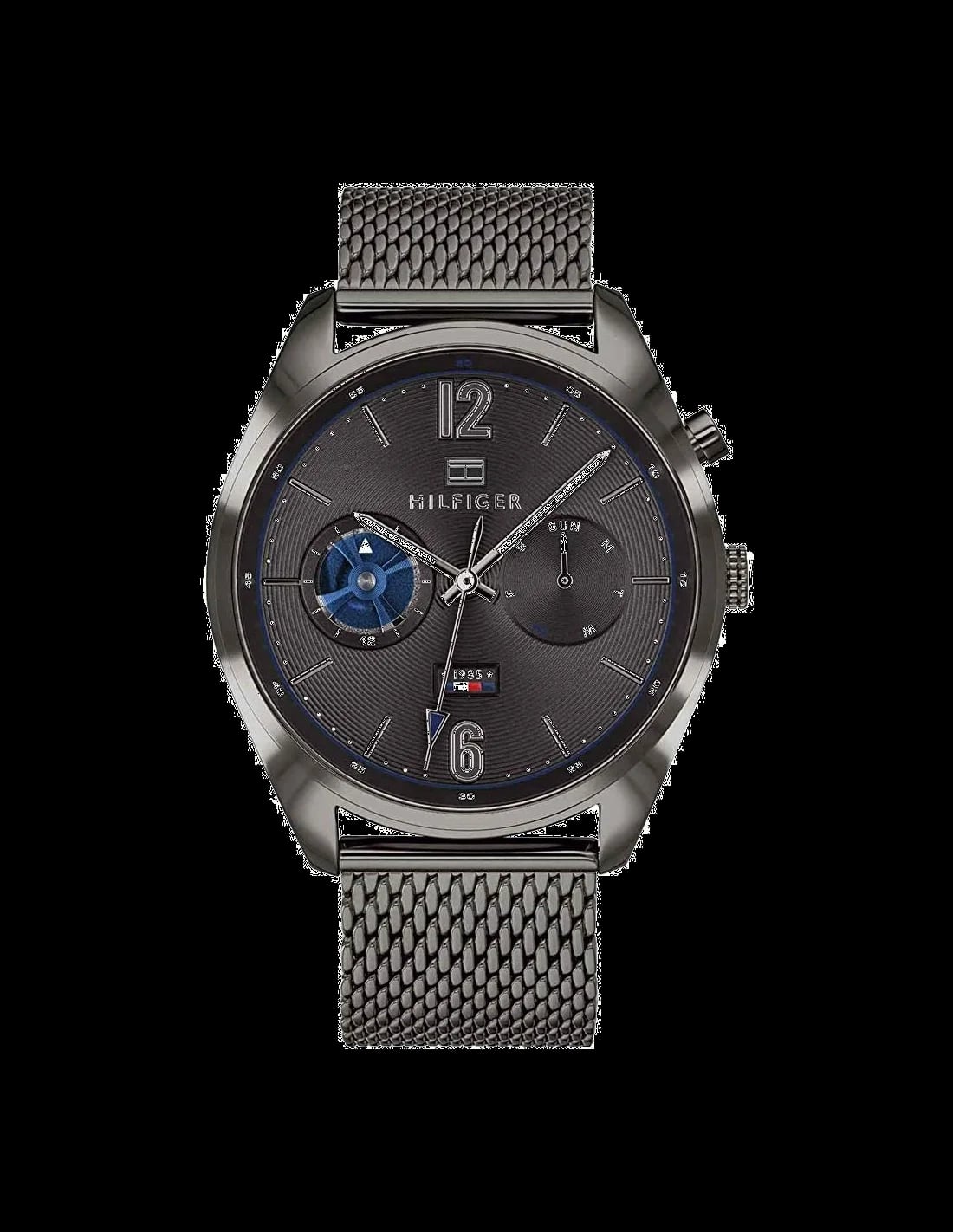 Montre Tommy Hilfiger 1791546 cadran bleu soleil, aiguilles argentées, style classique décontracté