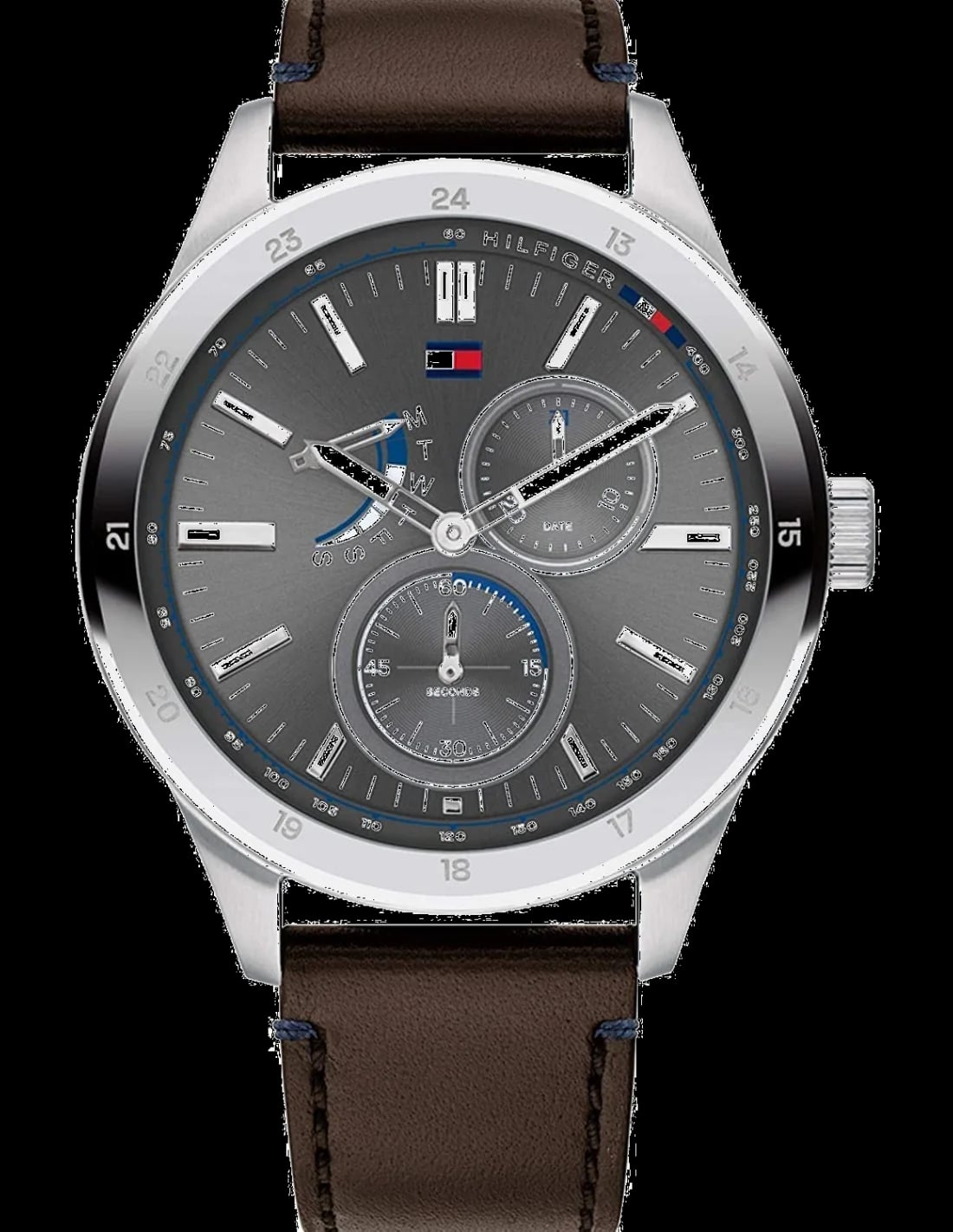 Montre Tommy Hilfiger 1791637 au cadran bleu soleil, index bâtons et aiguilles argentées, style classique décontracté