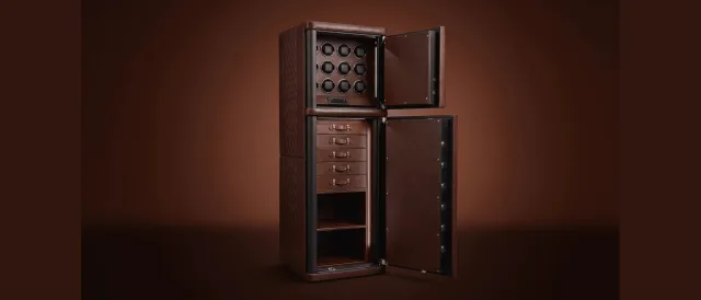 Coffre Vendôme Cocoa ouvert, avec remontoirs et tiroirs. Photographie officielle Mercier & Fils.