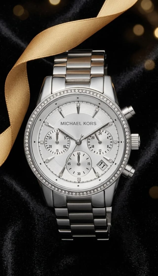 Montre Michael Kors MK6428 dorée sur velours noir avec ruban or, contexte Black Friday outlet premium