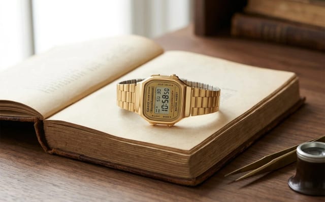 Montre Casio A168WG-9EF vintage acier or, cadran rétro éclairé, posée sur un livre ouvert dans un bureau d'horloger