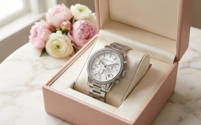 Montre Michael Kors MK6428 dorée dans un écrin rose poudré ouvert, bouquet de pivoines pastel en arrière-plan, cadeau fête des mères élégant