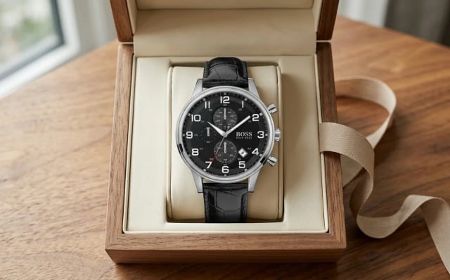 Hugo Boss watch 1512448 in an open light wood gift box, beige ribbon, elegant Father's Day gift