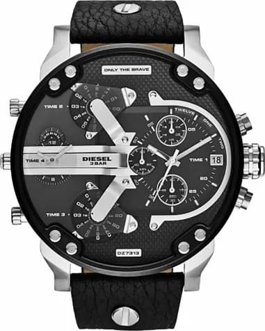 Diesel Mr Daddy 2.0 DZ7313 Black Leather Silver Accents XXL Dial Men's Watch